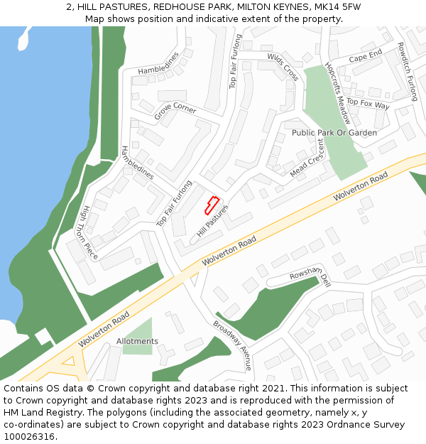 2, HILL PASTURES, REDHOUSE PARK, MILTON KEYNES, MK14 5FW: Location map and indicative extent of plot