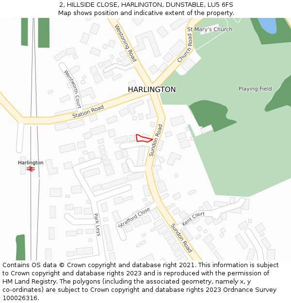 2, HILLSIDE CLOSE, HARLINGTON, DUNSTABLE, LU5 6FS: Location map and indicative extent of plot