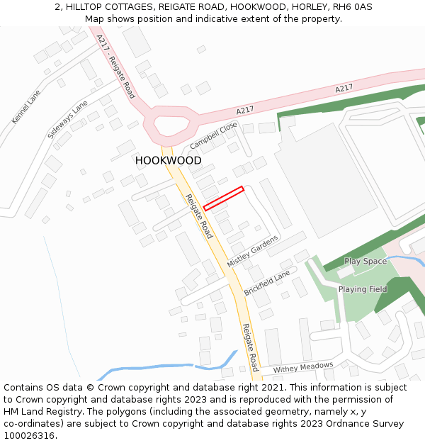 2, HILLTOP COTTAGES, REIGATE ROAD, HOOKWOOD, HORLEY, RH6 0AS: Location map and indicative extent of plot