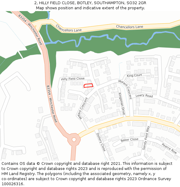 2, HILLY FIELD CLOSE, BOTLEY, SOUTHAMPTON, SO32 2GR: Location map and indicative extent of plot