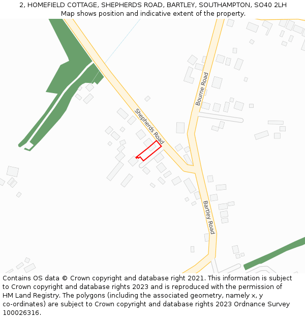 2, HOMEFIELD COTTAGE, SHEPHERDS ROAD, BARTLEY, SOUTHAMPTON, SO40 2LH: Location map and indicative extent of plot