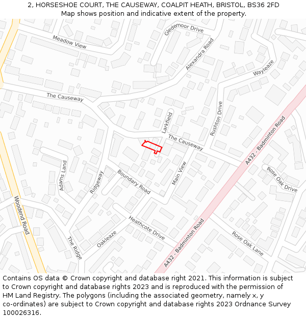 2, HORSESHOE COURT, THE CAUSEWAY, COALPIT HEATH, BRISTOL, BS36 2FD: Location map and indicative extent of plot