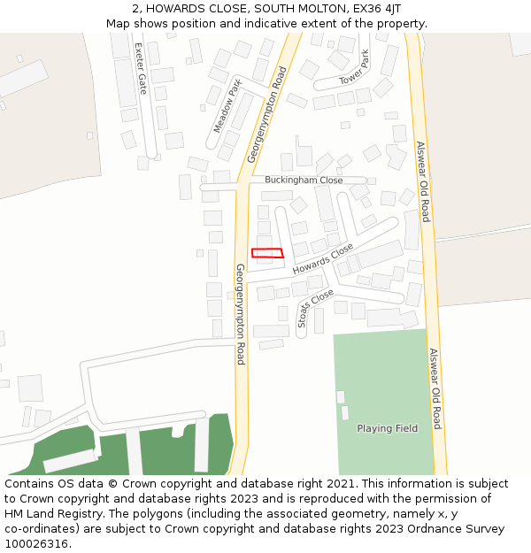 2, HOWARDS CLOSE, SOUTH MOLTON, EX36 4JT: Location map and indicative extent of plot