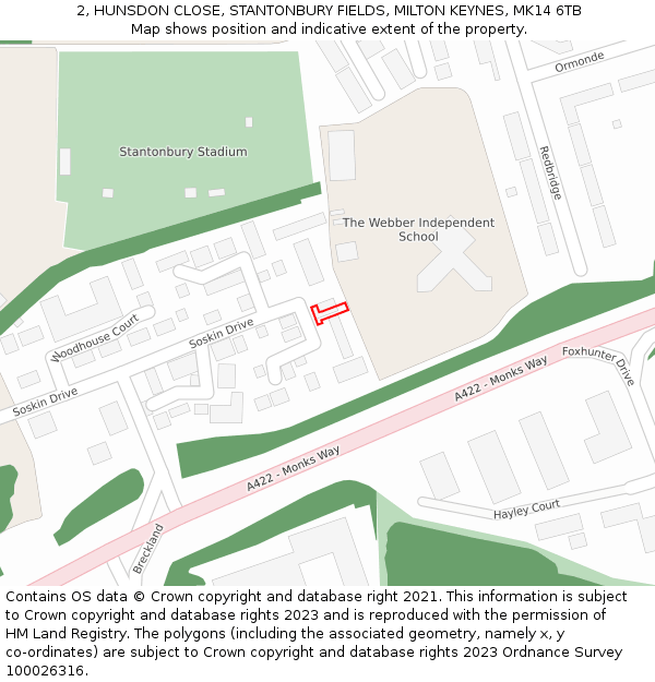 2, HUNSDON CLOSE, STANTONBURY FIELDS, MILTON KEYNES, MK14 6TB: Location map and indicative extent of plot