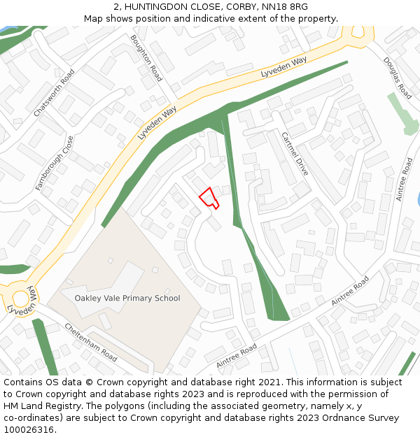 2, HUNTINGDON CLOSE, CORBY, NN18 8RG: Location map and indicative extent of plot