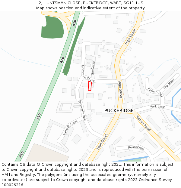 2, HUNTSMAN CLOSE, PUCKERIDGE, WARE, SG11 1US: Location map and indicative extent of plot