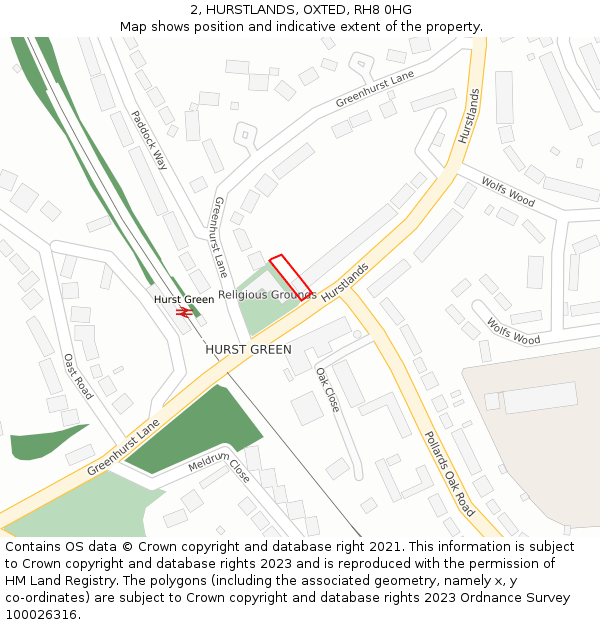 2, HURSTLANDS, OXTED, RH8 0HG: Location map and indicative extent of plot