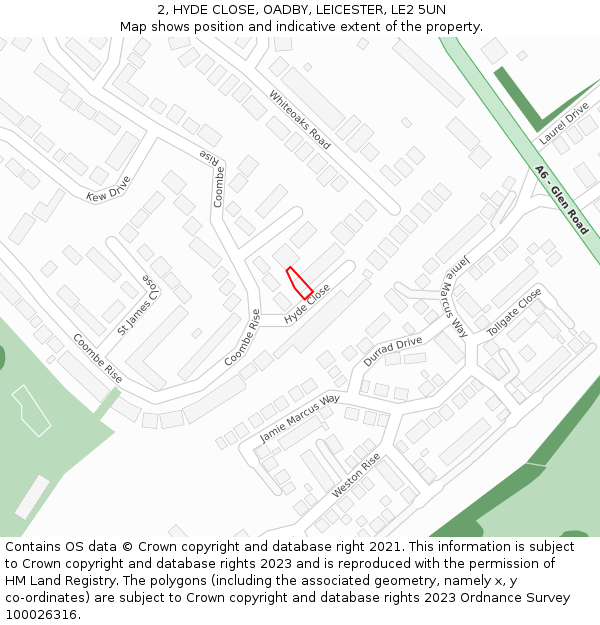 2, HYDE CLOSE, OADBY, LEICESTER, LE2 5UN: Location map and indicative extent of plot