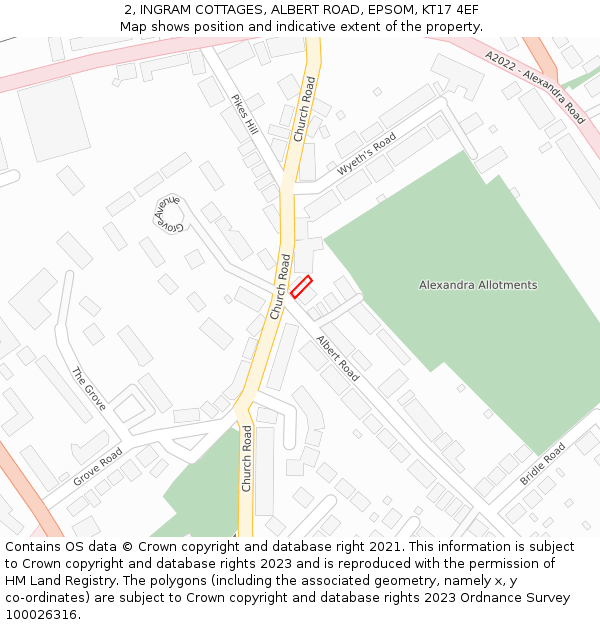 2, INGRAM COTTAGES, ALBERT ROAD, EPSOM, KT17 4EF: Location map and indicative extent of plot