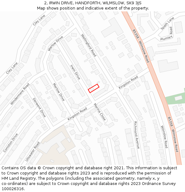 2, IRWIN DRIVE, HANDFORTH, WILMSLOW, SK9 3JS: Location map and indicative extent of plot