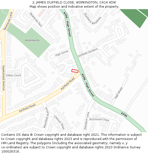 2, JAMES DUFFIELD CLOSE, WORKINGTON, CA14 4DW: Location map and indicative extent of plot