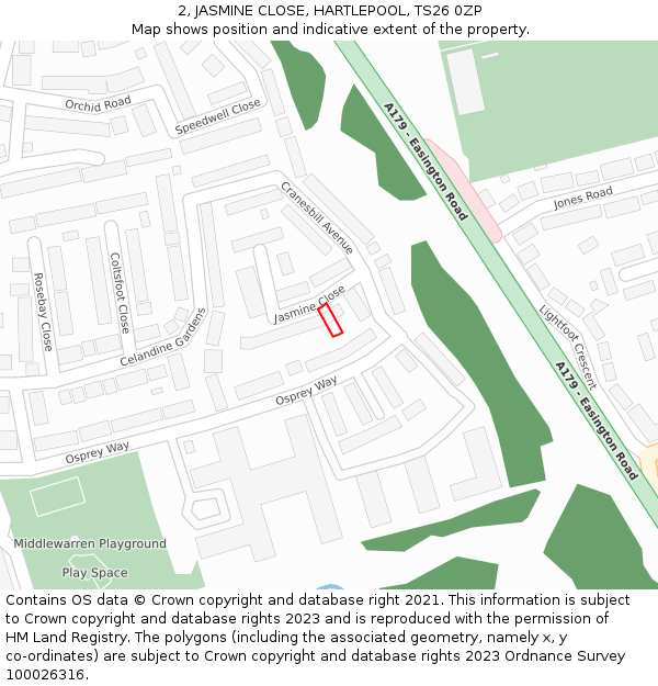 2, JASMINE CLOSE, HARTLEPOOL, TS26 0ZP: Location map and indicative extent of plot