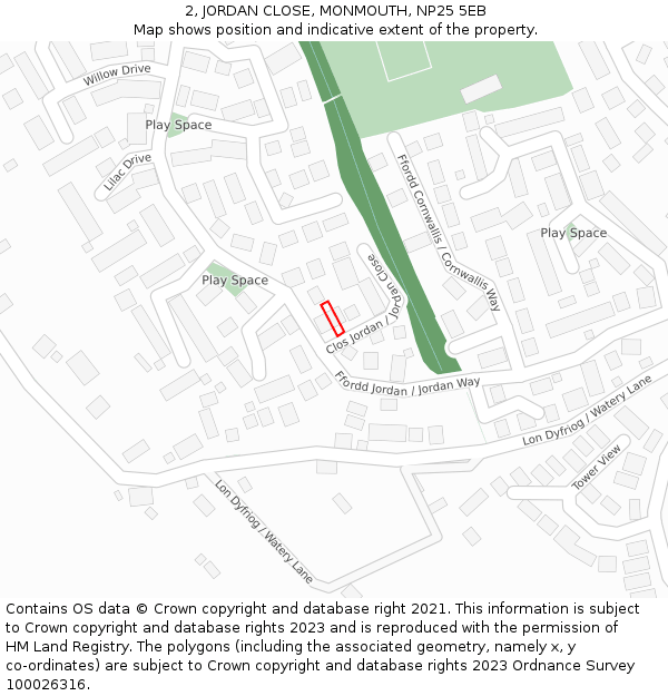 2, JORDAN CLOSE, MONMOUTH, NP25 5EB: Location map and indicative extent of plot