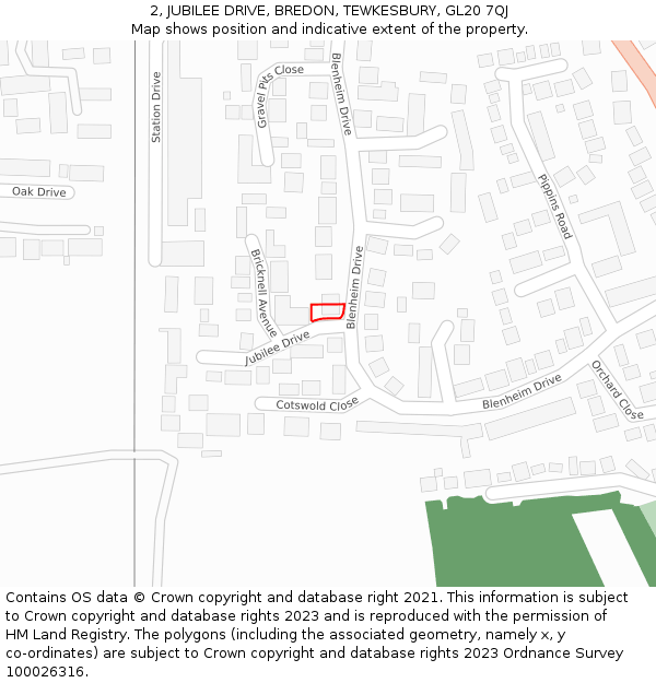 2, JUBILEE DRIVE, BREDON, TEWKESBURY, GL20 7QJ: Location map and indicative extent of plot