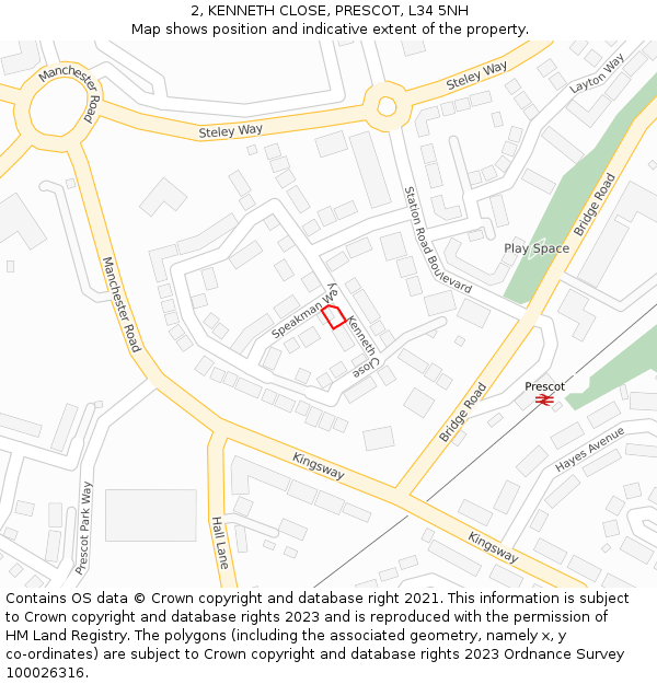 2, KENNETH CLOSE, PRESCOT, L34 5NH: Location map and indicative extent of plot