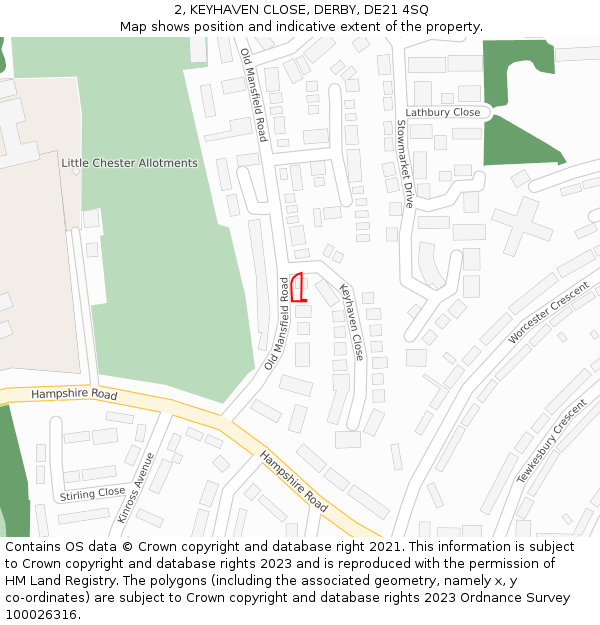 2, KEYHAVEN CLOSE, DERBY, DE21 4SQ: Location map and indicative extent of plot