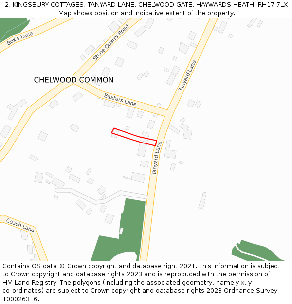 2, KINGSBURY COTTAGES, TANYARD LANE, CHELWOOD GATE, HAYWARDS HEATH, RH17 7LX: Location map and indicative extent of plot