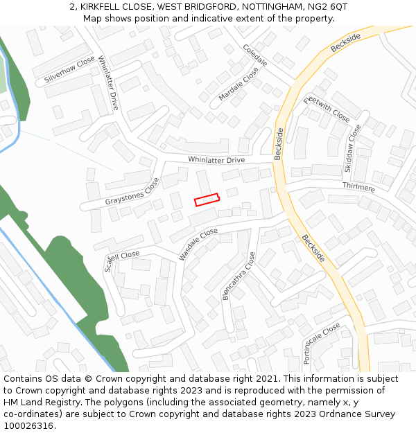 2, KIRKFELL CLOSE, WEST BRIDGFORD, NOTTINGHAM, NG2 6QT: Location map and indicative extent of plot