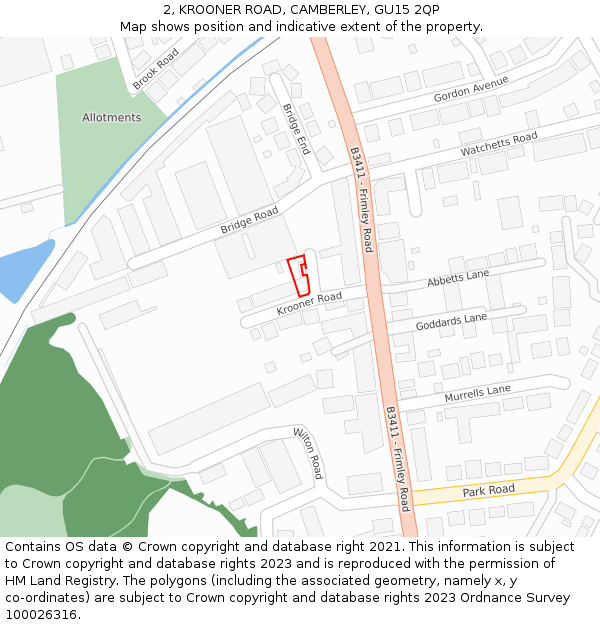 2, KROONER ROAD, CAMBERLEY, GU15 2QP: Location map and indicative extent of plot
