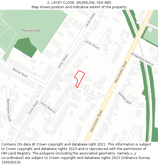 2, LACEY CLOSE, WILMSLOW, SK9 4BD: Location map and indicative extent of plot