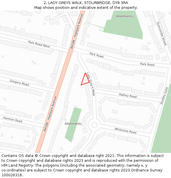 2, LADY GREYS WALK, STOURBRIDGE, DY8 3RA: Location map and indicative extent of plot