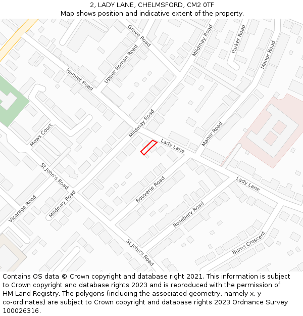 2, LADY LANE, CHELMSFORD, CM2 0TF: Location map and indicative extent of plot