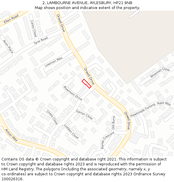 2, LAMBOURNE AVENUE, AYLESBURY, HP21 9NB: Location map and indicative extent of plot