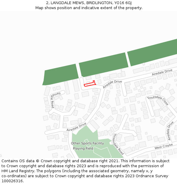 2, LANGDALE MEWS, BRIDLINGTON, YO16 6GJ: Location map and indicative extent of plot