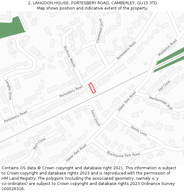 2, LANGDON HOUSE, PORTESBERY ROAD, CAMBERLEY, GU15 3TD: Location map and indicative extent of plot