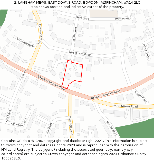 2, LANGHAM MEWS, EAST DOWNS ROAD, BOWDON, ALTRINCHAM, WA14 2LQ: Location map and indicative extent of plot