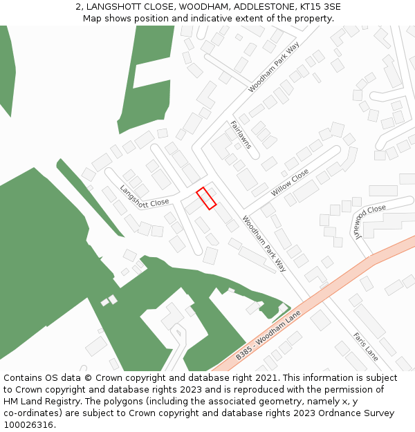 2, LANGSHOTT CLOSE, WOODHAM, ADDLESTONE, KT15 3SE: Location map and indicative extent of plot