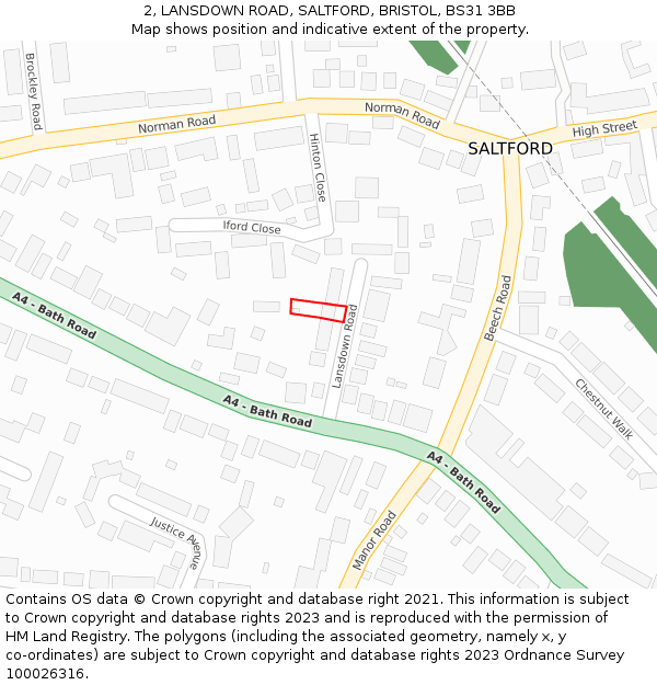 2, LANSDOWN ROAD, SALTFORD, BRISTOL, BS31 3BB: Location map and indicative extent of plot