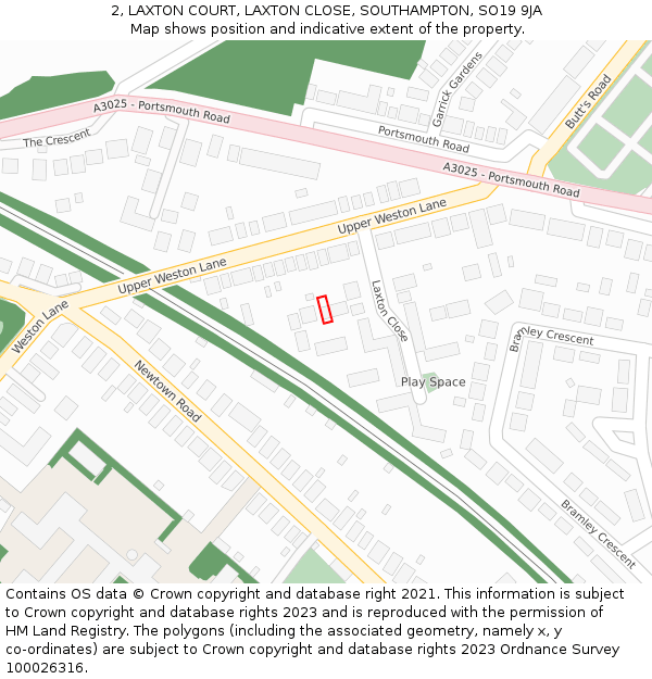 2, LAXTON COURT, LAXTON CLOSE, SOUTHAMPTON, SO19 9JA: Location map and indicative extent of plot