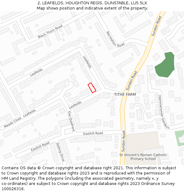 2, LEAFIELDS, HOUGHTON REGIS, DUNSTABLE, LU5 5LX: Location map and indicative extent of plot