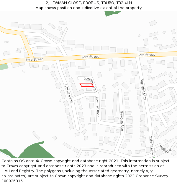 2, LEWMAN CLOSE, PROBUS, TRURO, TR2 4LN: Location map and indicative extent of plot