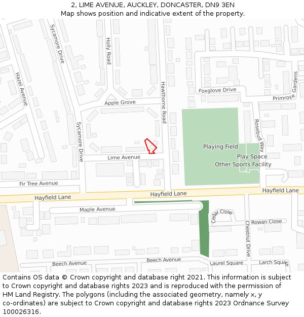 2, LIME AVENUE, AUCKLEY, DONCASTER, DN9 3EN: Location map and indicative extent of plot