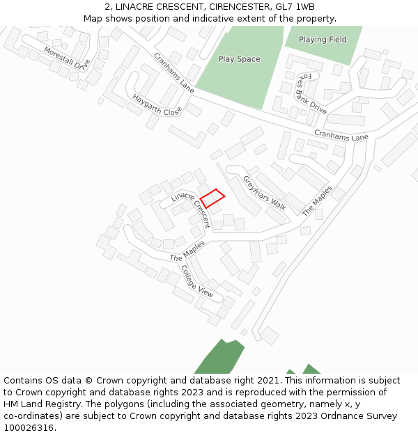 2, LINACRE CRESCENT, CIRENCESTER, GL7 1WB: Location map and indicative extent of plot
