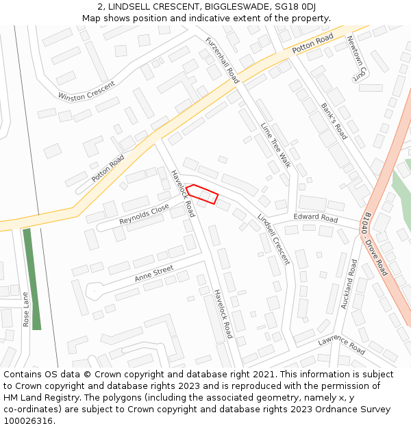 2, LINDSELL CRESCENT, BIGGLESWADE, SG18 0DJ: Location map and indicative extent of plot