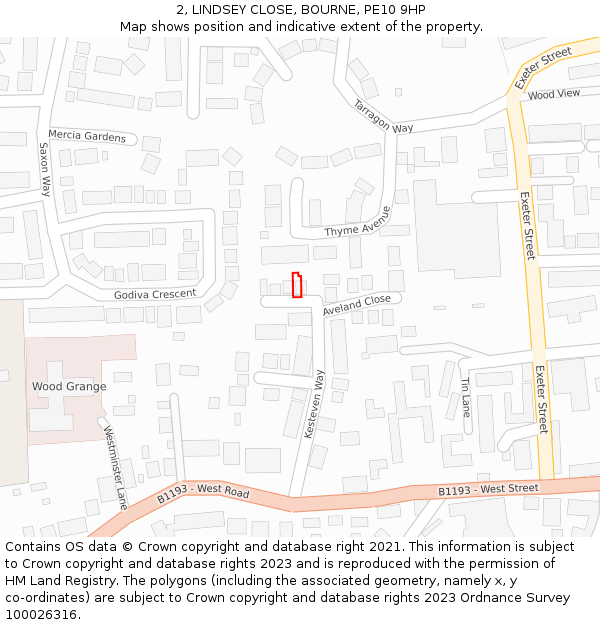 2, LINDSEY CLOSE, BOURNE, PE10 9HP: Location map and indicative extent of plot