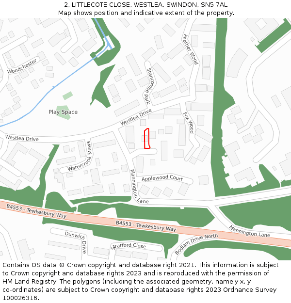 2, LITTLECOTE CLOSE, WESTLEA, SWINDON, SN5 7AL: Location map and indicative extent of plot