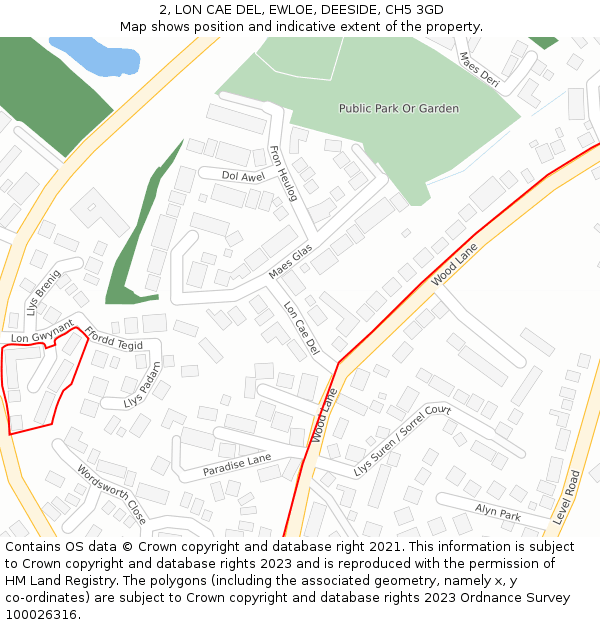 2, LON CAE DEL, EWLOE, DEESIDE, CH5 3GD: Location map and indicative extent of plot