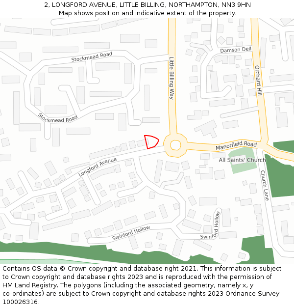 2, LONGFORD AVENUE, LITTLE BILLING, NORTHAMPTON, NN3 9HN: Location map and indicative extent of plot