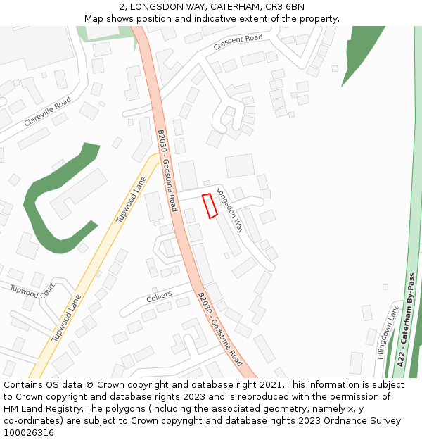 2, LONGSDON WAY, CATERHAM, CR3 6BN: Location map and indicative extent of plot