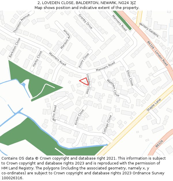 2, LOVEDEN CLOSE, BALDERTON, NEWARK, NG24 3JZ: Location map and indicative extent of plot