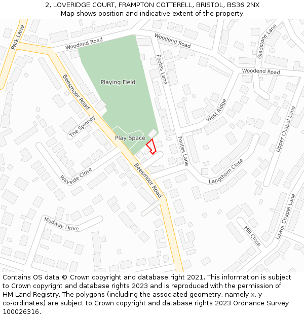 2, LOVERIDGE COURT, FRAMPTON COTTERELL, BRISTOL, BS36 2NX: Location map and indicative extent of plot