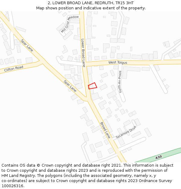 2, LOWER BROAD LANE, REDRUTH, TR15 3HT: Location map and indicative extent of plot