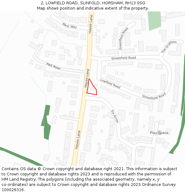 2, LOWFIELD ROAD, SLINFOLD, HORSHAM, RH13 0SG: Location map and indicative extent of plot