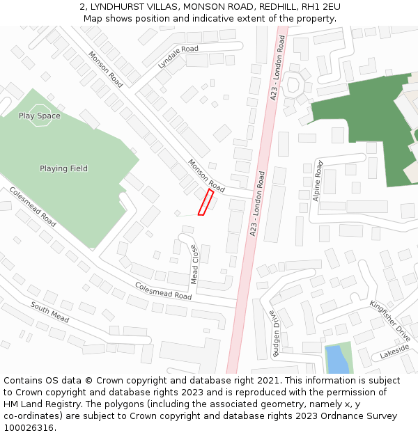 2, LYNDHURST VILLAS, MONSON ROAD, REDHILL, RH1 2EU: Location map and indicative extent of plot