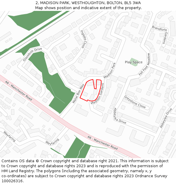 2, MADISON PARK, WESTHOUGHTON, BOLTON, BL5 3WA: Location map and indicative extent of plot