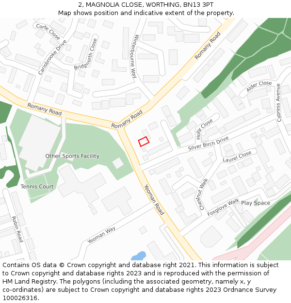 2, MAGNOLIA CLOSE, WORTHING, BN13 3PT: Location map and indicative extent of plot